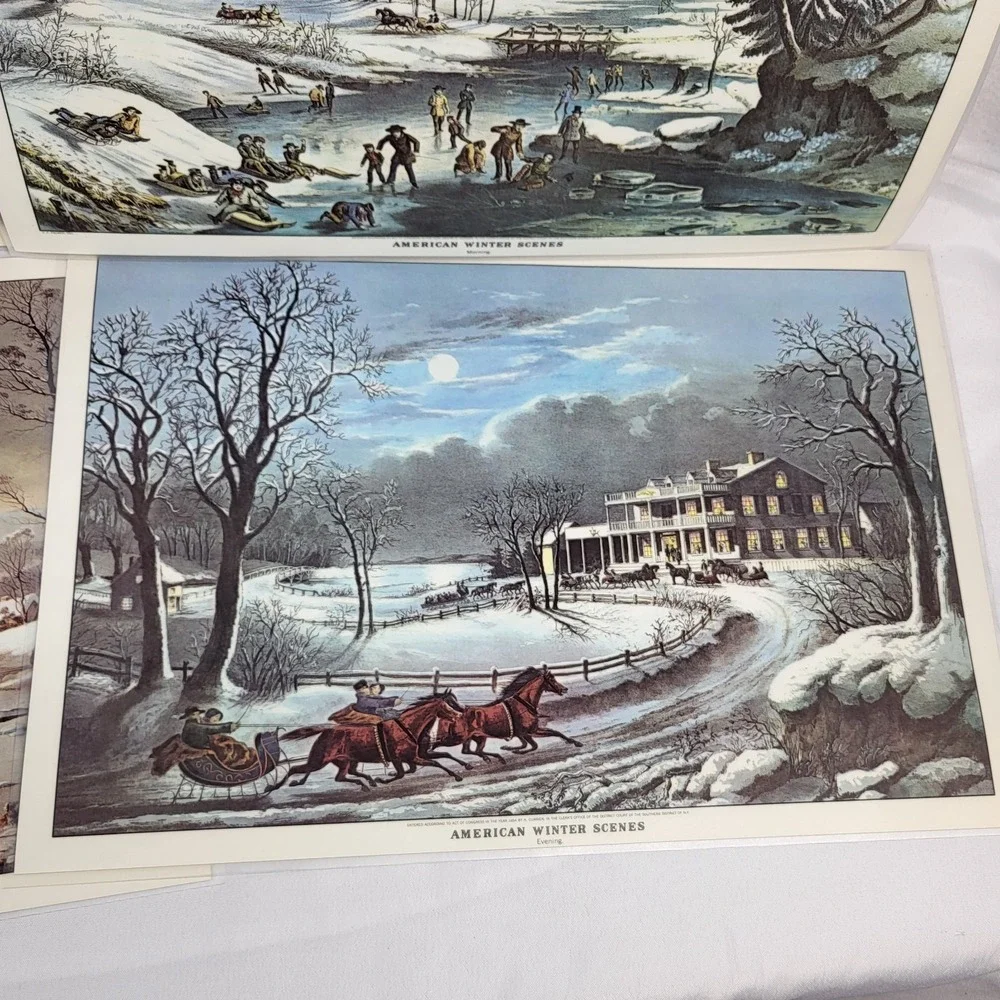 Currier and Ives American Winter Scenes 4 VTG Placemats Set Reversible Christmas